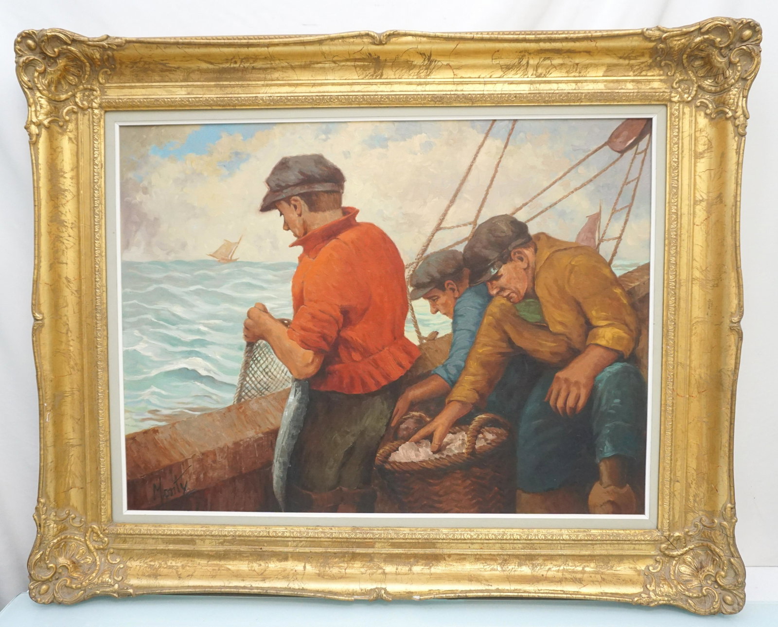 LARGE NEW ENGLAND FISHERMEN OIL: Large Vintage New England Oil on Canvas signed Monty lower left. A group of Lobster / Fishermen at Sea, In Belgian Gilded Wood Frame. Purchased in Plattsburgh, NY in 1976. In frame 41"x33 1/2"x2 1/2".