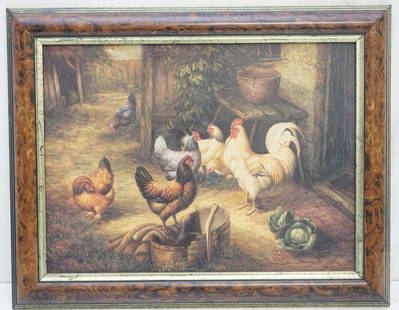 BARNYARD CHICKENS OLEOGRAPH: Vintage Barnyard Chickens Oleograph in the manner of Edgar Hunt. Traditionally the term 'Oleograph' referred to lithograph oil prints overpainted in oil paint to recreate the look of oil paintings. Fr