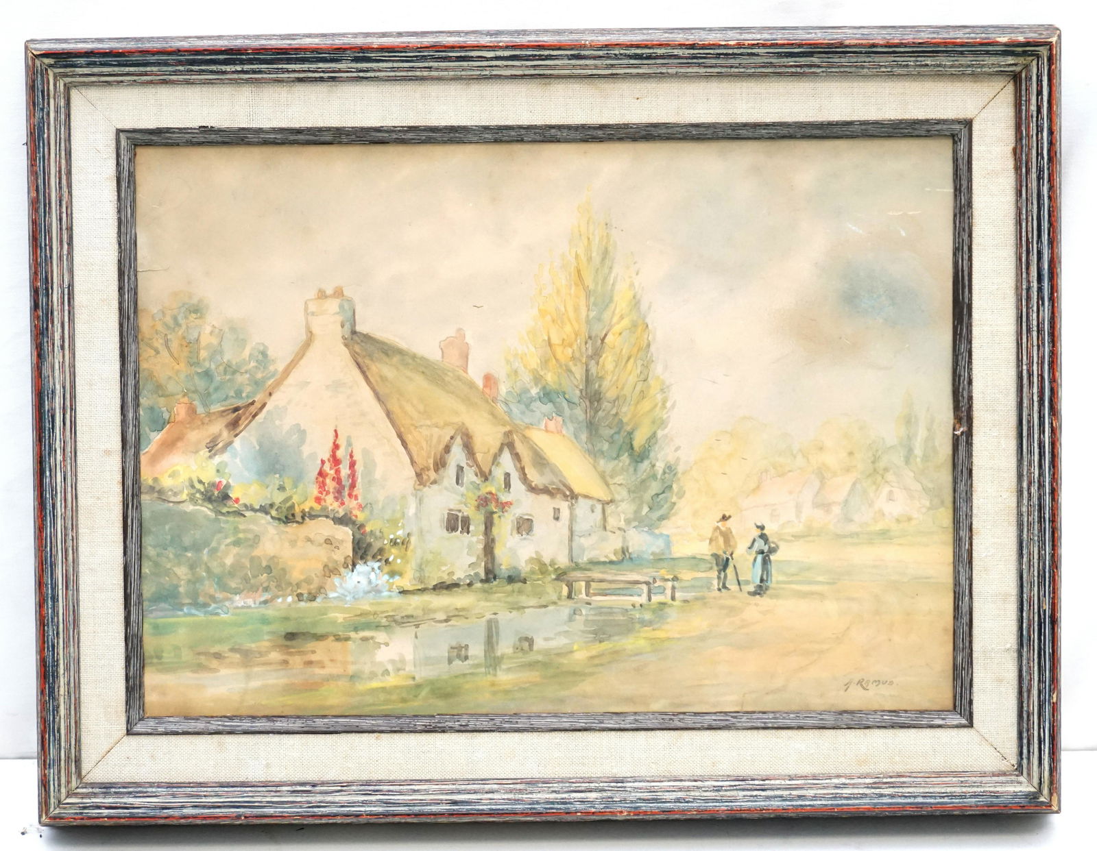 FRANCIS E JAMIESON - A. RAMOS WATERCOLOR: Framed Francis E. Jamieson Original Watercolor on Artist Board Country Village. Signed A. Ramos lower right. A. Ramoss was an alias of Francis E. Jamieson (1895-1950) who was active/lived in United Ki