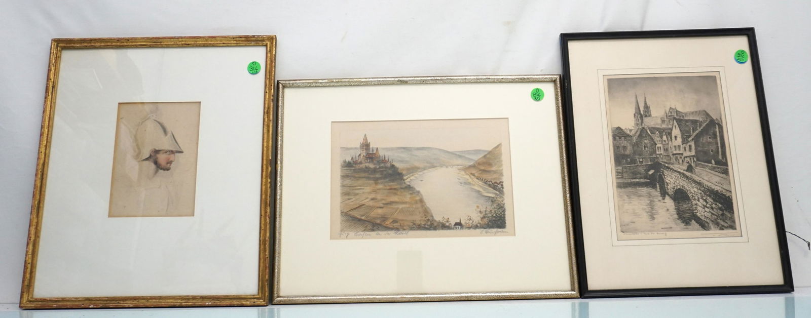 3 EUROPEAN WATERCOLOR - ETCHING - PRINT (1 of 8)