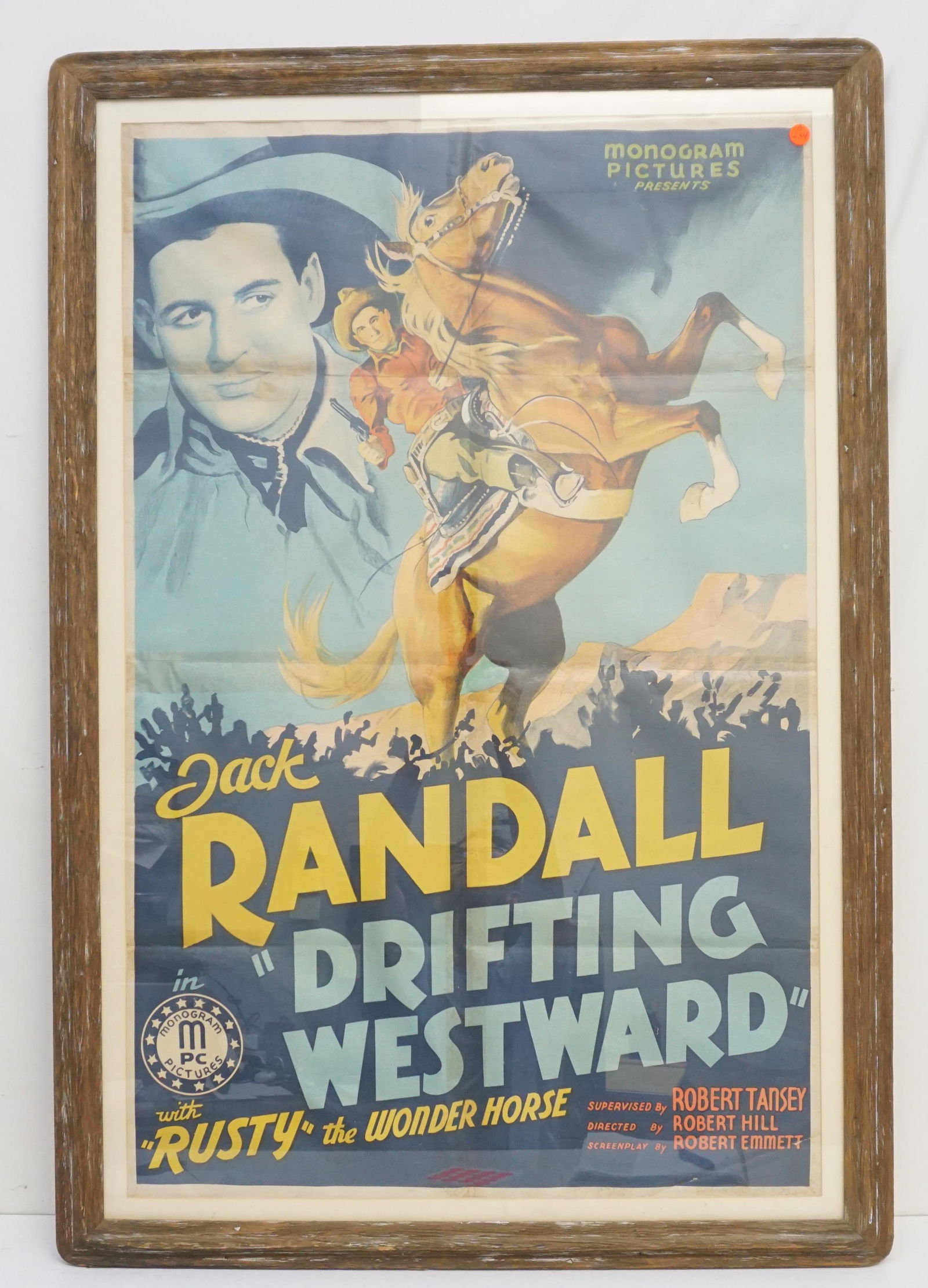 1939 DRIFTING WESTWARD MOVIE POSTER: Large 1939 Drifting Westward Movie Poster. Drifting Westward is a 1939 American Western film directed by Robert F. Hill and written by Robert Emmett Tansey. The film stars Jack Randall, Frank Yaconell