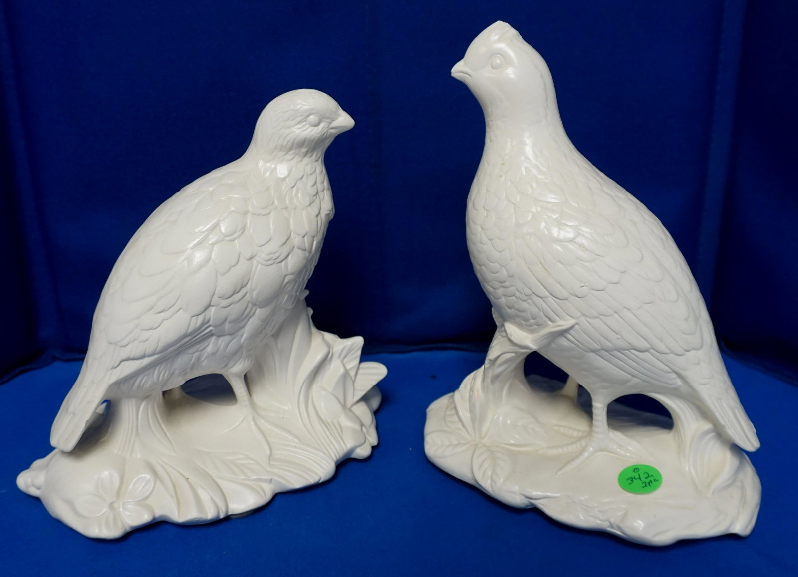 PAIR VINTAGE HOLLAND MOLD QUAIL: Pair of Vintage Holland Mold c 1970s Large Ceramic Quail Partridges, Set of 2, Male/Female. In Pearlized White. 7"x4 1/2"x8 1/2". Weight 2 pds 8 oz.