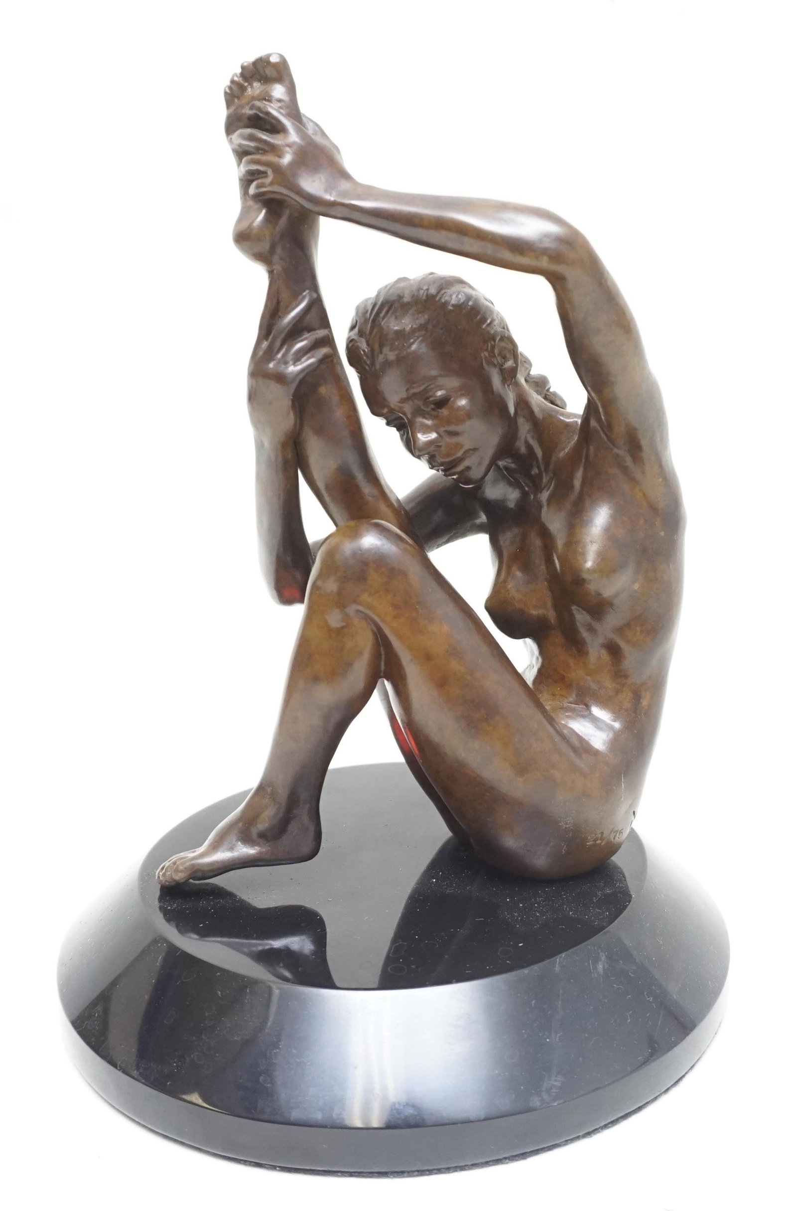VINTAGE BRONZE NUDE YOGA WOMAN: Vintage Moss Studios Nude Bronze on Black Granite Base. Measures 6 3/4"x6 3/4"x9 1/4". Weight 7 pds 2 oz. PROVENANCE: A Private Charleston SC Estate.