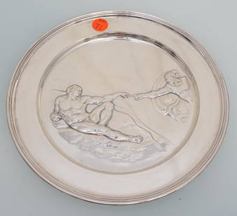 ENGLISH STERLING "THE CREATION" PLATE: Sterling Silver Plate "The Creation of Adam" from Michelangelos Sistine Chapel ceiling, God breathing life to Adam. Mark of Richard Comyns for the Danbury Mint, London (1972). 9". Approximate silver