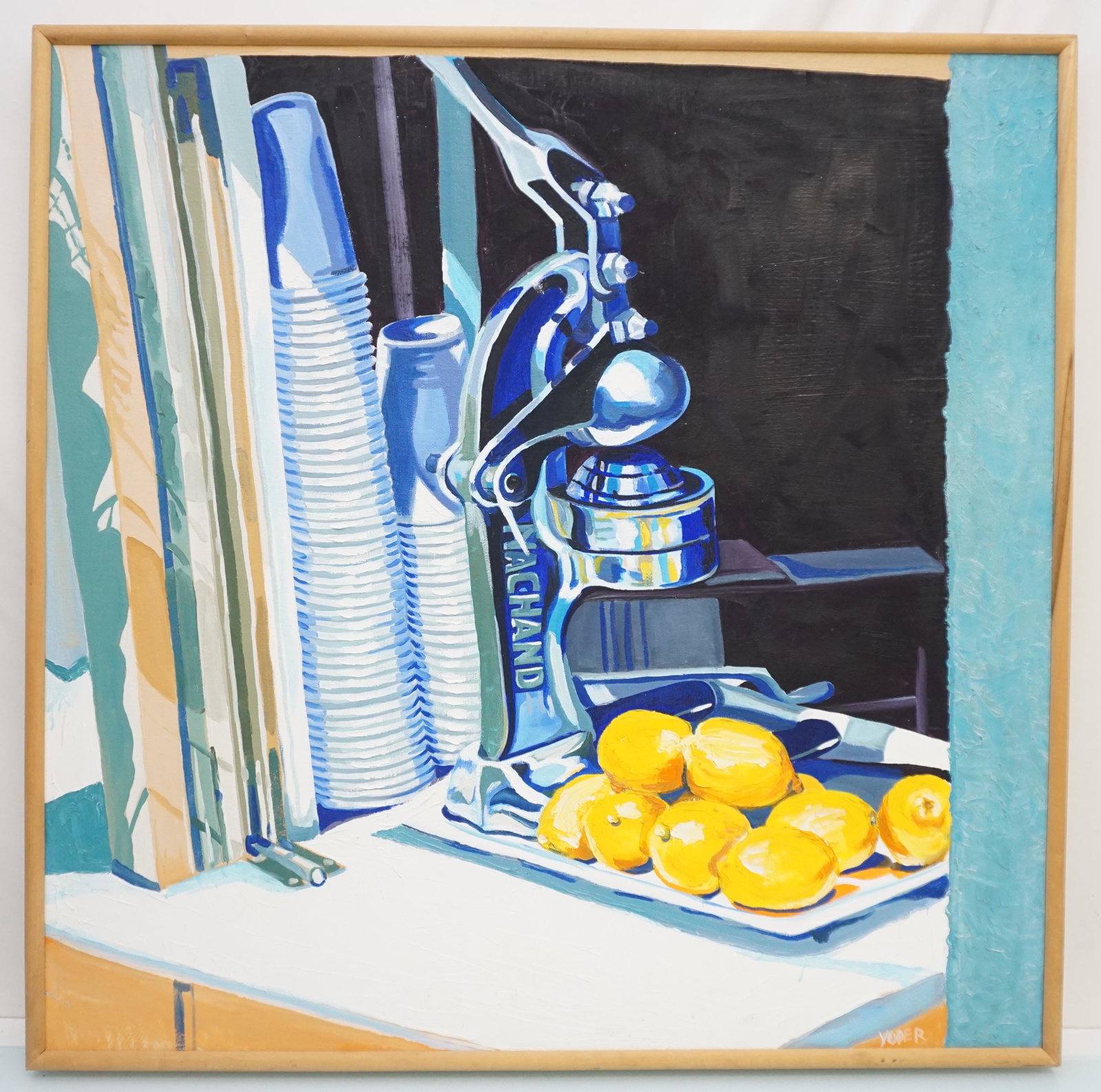 LARGE LEMONS JUICER YODER PAINTING: Large Original Acrylic Painting on Canvas. Lemons and Juicer, signed Yoder lower right. Wood Frame. 37"x37"x2". Weight 6 pds. NO IN HOUSE SHIPPING. PROVENANCE: A Private Charleston SC Estate.*******Sh