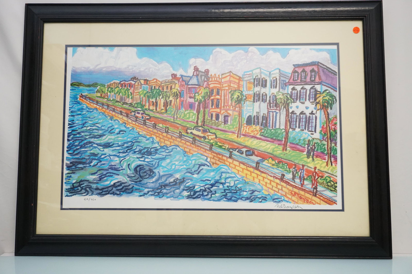 LARGE W.B. THOMPSON LITHO CHARLESTON BATTERY: Large Limited Edition Litho by W.B. Thompson. A colorful view of the Charleston Battery. Signed and numbered by the artist. In black frame measures 28 1/4"x40"x1". Weight 12 pds. William Bradley Thomp