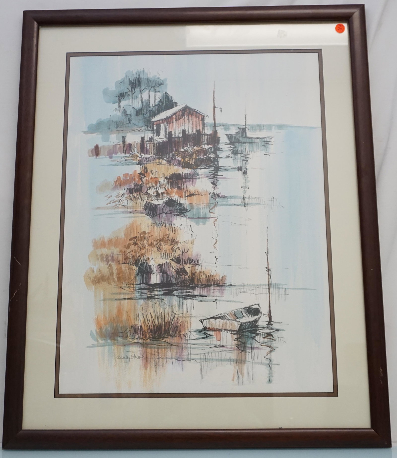 MID CENTURY BARCLAY SHEAKS PRINT: Vintage Mid Century Hand tinted Barclay SheakS Print. Professionally framed and double matted. In frame measures 26"x32 1/2"x1". Weight Barclay Sheaks (1928-2010) was born in West Bend, Indiana in 192