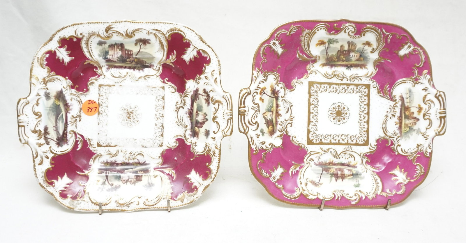 PAIR ANTIQUE PORCELAIN PLATES: Pair of Antique Porcelain Square Plates. Each 10". Weight 2 pds 2 oz. PROVENANCE: The Estate of Mrs. John Rutherfoord Bennett, by descent.