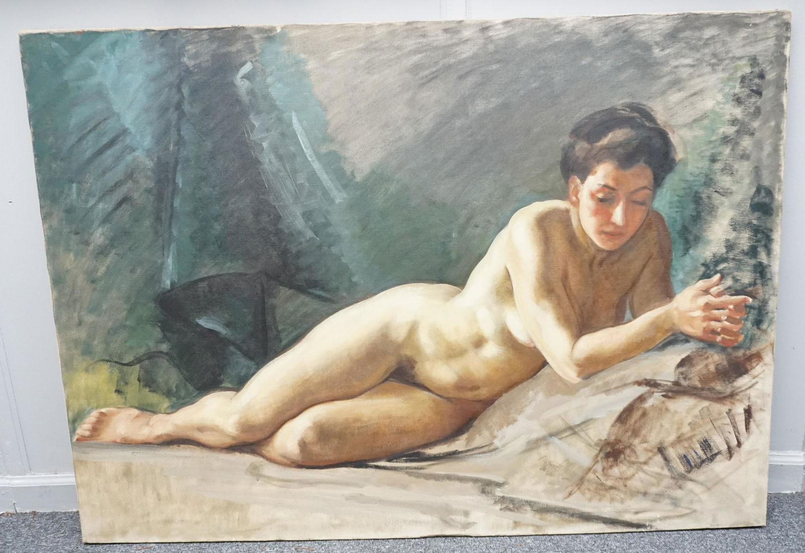 LARGE MID CENTURY A. VAN'T HOFF NUDE OIL ON CANVAS: Large Mid Century A. Van't Hoff Oil on canvas; signed on reverse, nude reclining woman; not framed; 36" x 50"x1. Weight 7 pds. NO IN HOUSE SHIPPING. PROVENANCE: A Private LA California / Charleston SC