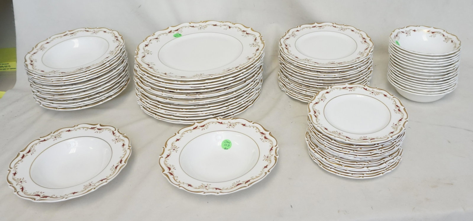 SERVICE FOR 16 ROYAL DOULTON STRASBOURG: Royal Doulton Strasbourg Service for 16 China Service. Excellent condition. Bone, Maroon/Gold Scrolls, Scroll Shape, 80 Piece total. 16 Dinner Plates each 10 5/8". 16 Salad Plates 8". 16 Bread and But