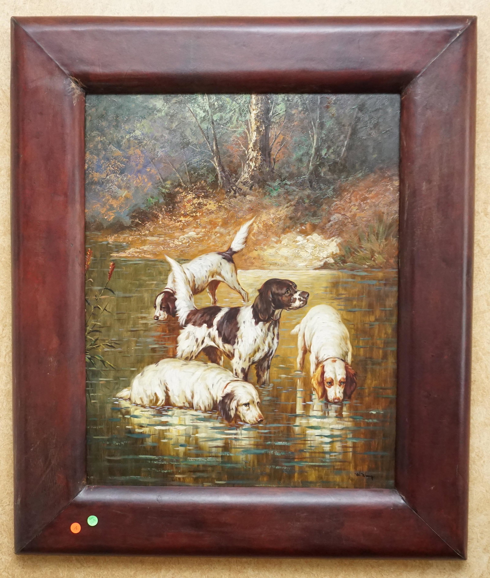 LARGE OIL ON CANVAS ENGLISH SETTERS: Large 20th c. Oil on Canvas, Group of Sporting Dogs in Water. Signed lower right W. Wong. Professionally framed. Painting 24"x30". In frame measures 34"x41"x2". Weight 25 pds. NO IN HOUSE SHIPPING. PR