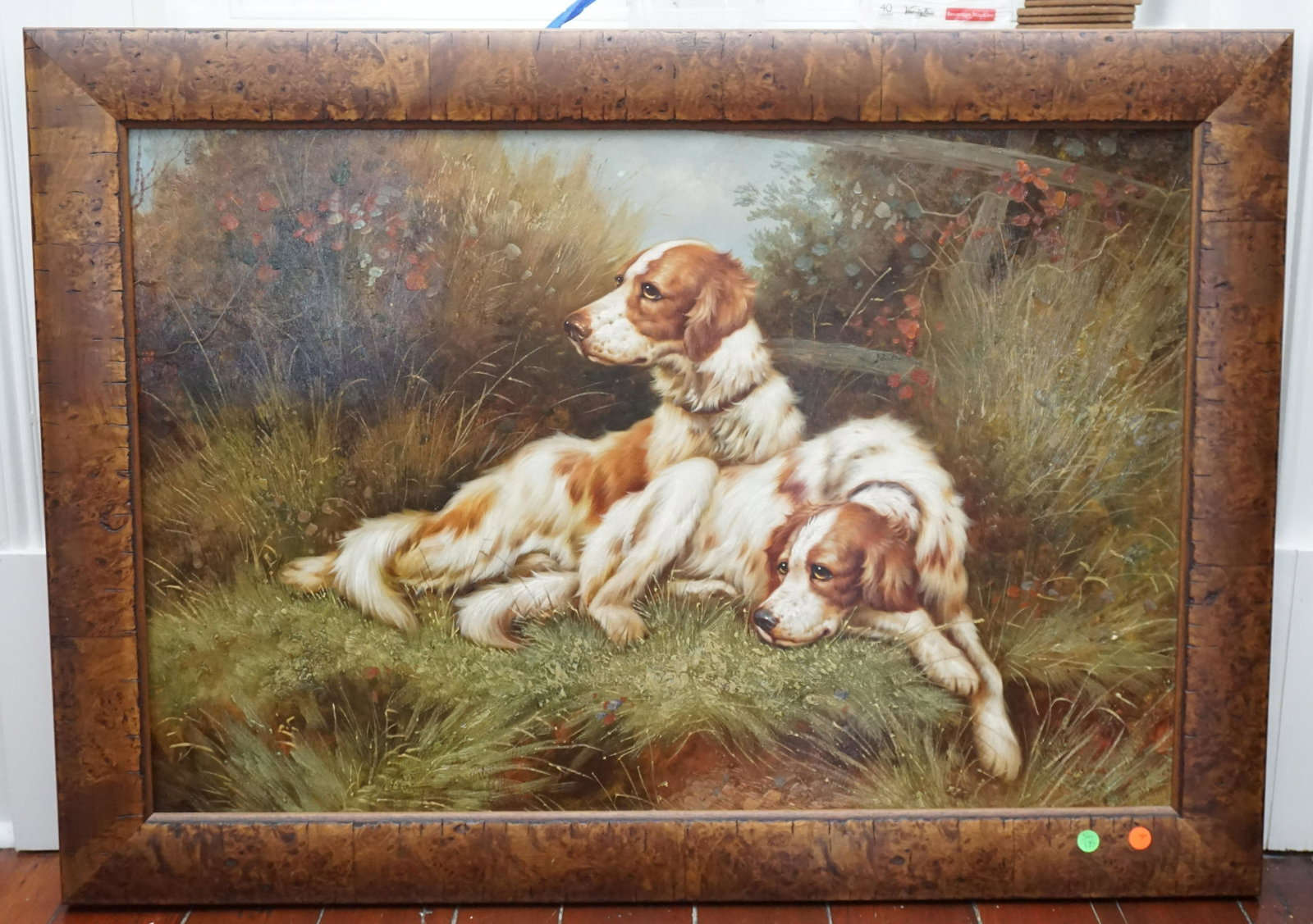ENGLISH SETTERS OIL ON CANVAS: Original Oil on Canvas Painting of a Pair of English Setters at Rest. In Burl Frame measures 33"x41"x1". Weight approximately 8 pds. O IN HOUSE SHIPPING. PROVENANCE: A Society Street, Charleston Priva