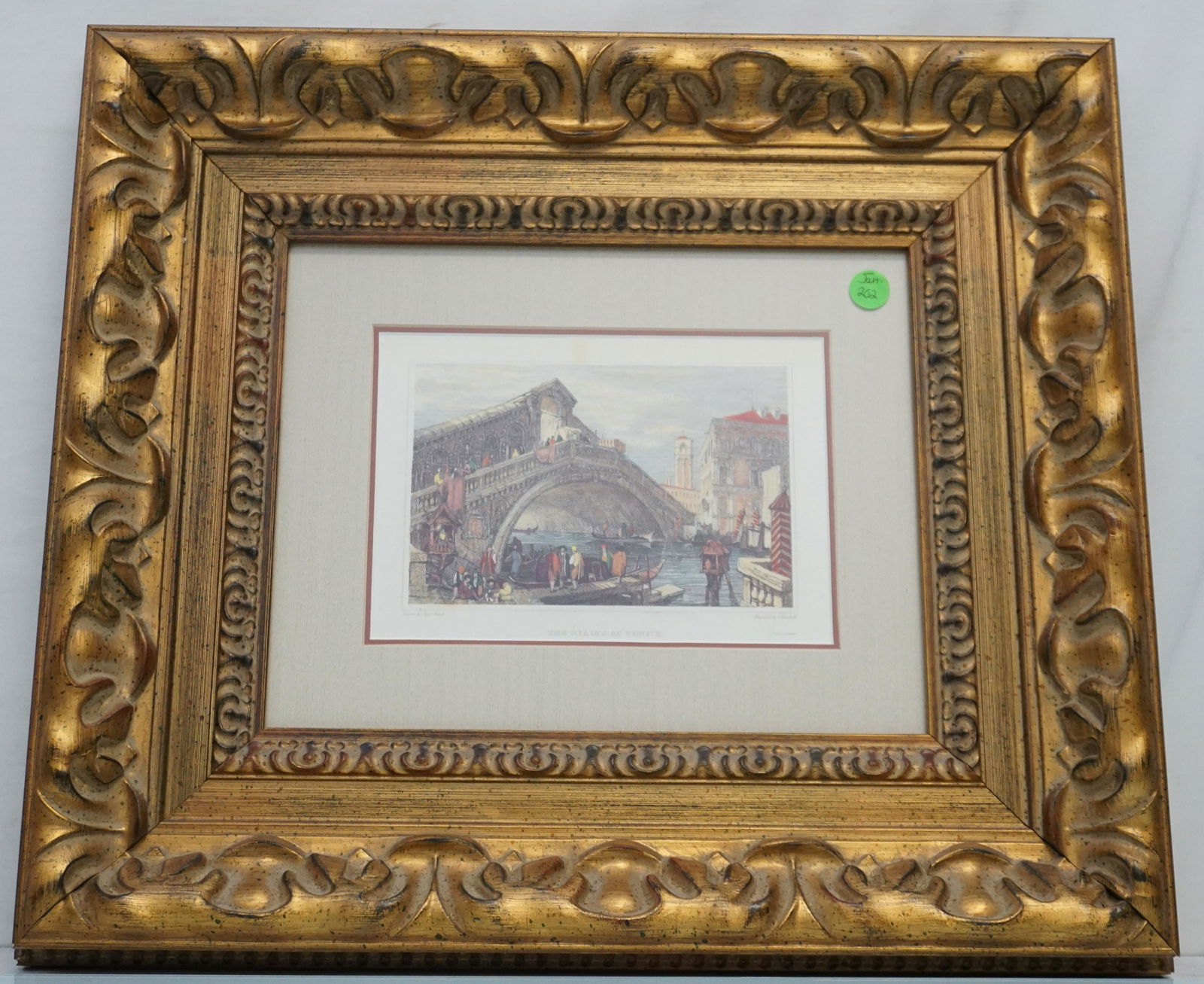 ANTIQUE HAND COLORED VENICE ENGRAVING: Antique Engraving Venice " The Rialto at Venice", by Samuel Prout. Beautifully framed engraving by J. Henshall. Engraving is hand colored. Professionally framed and silk matted. In frame measures 19 1