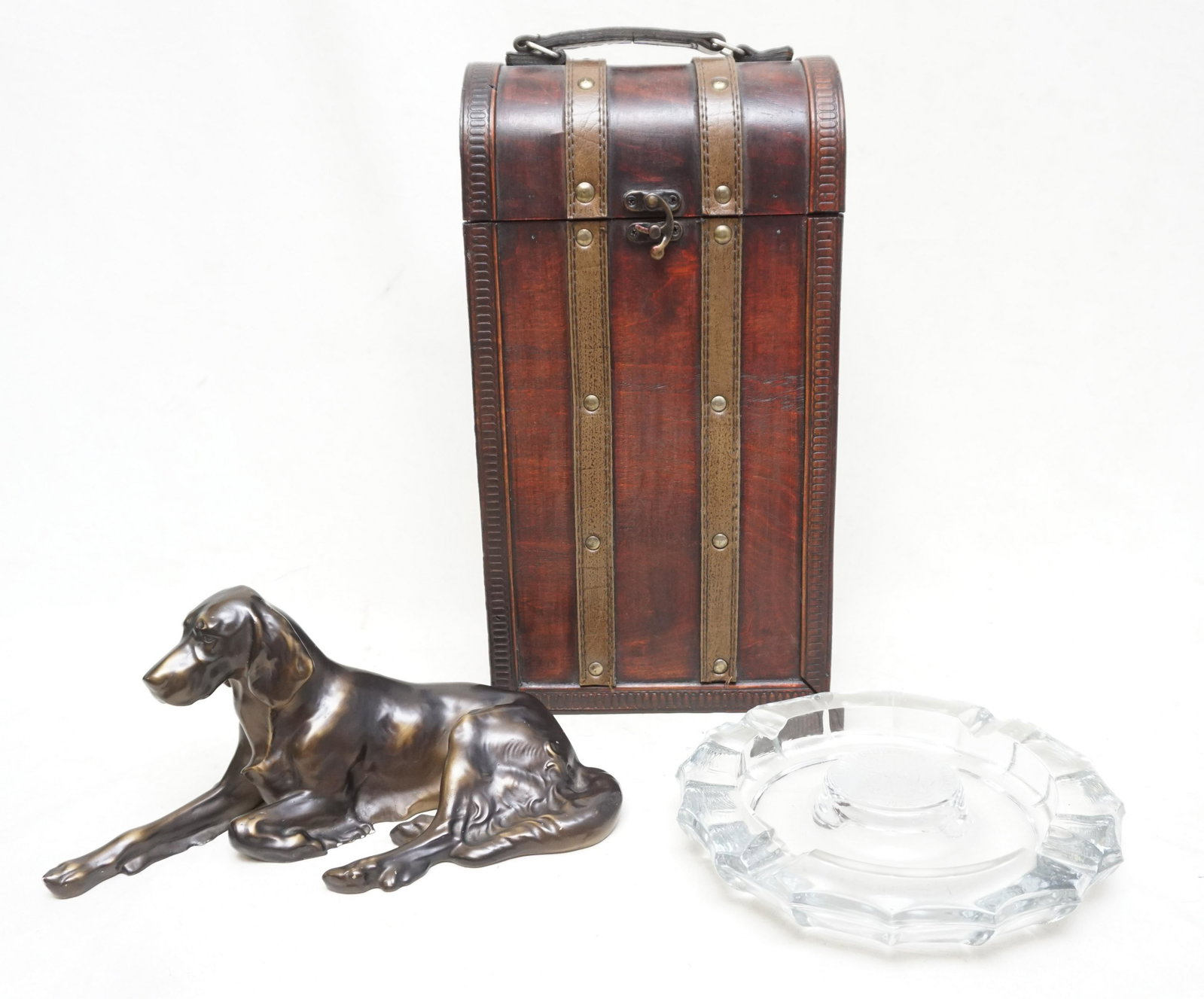 3 PC BRONZED SETTER, WINE BOX & HOUSE OF REPS: 1- Fostoria House of Representatives Glass Ashtray 7 3/4". 2- Bronze Look Setter 10 1/2". 3- Wood Double Bottle Wine Box14" tall. Weight on all 8 pds. PROVENANCE: A Society Street, Charleston Private 