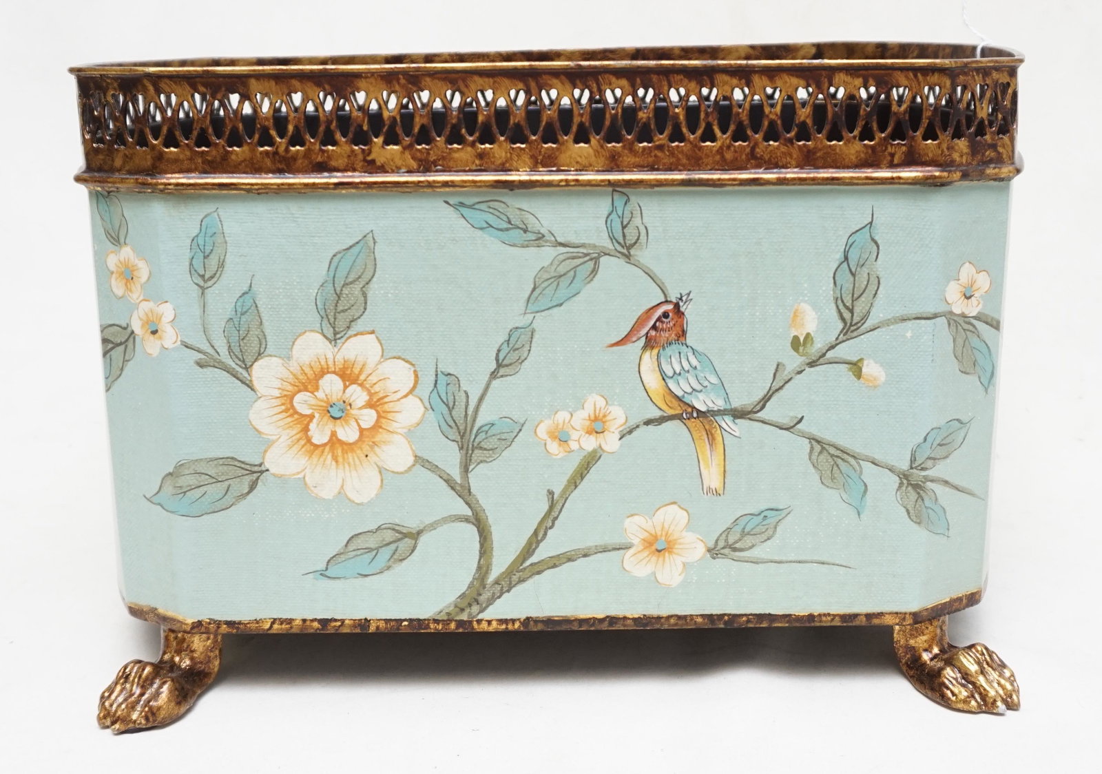 DESSAU HOME JARDINIERE: Contemporary 20th c. Dessau Home Jardinaire, Paw Footed Tile with Pale Blue and Bird Wallpaper. Measures 13 1/2"longx8 1/2"x8 1/2". Weight 3 pds 8 oz. PROVENANCE: A Society Street, Charleston Private 