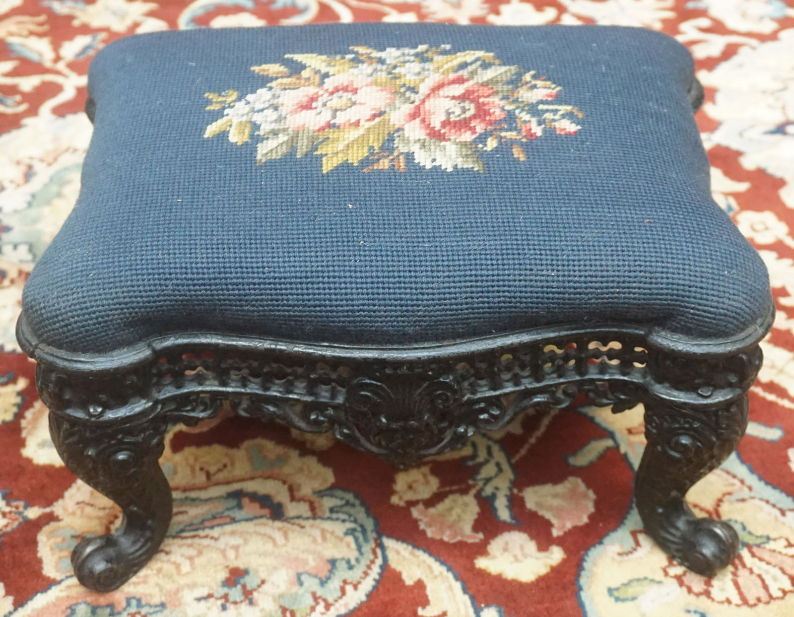 CAST IRON FOOTSTOOL NEEDLEPOINT TOP (1 of 6)