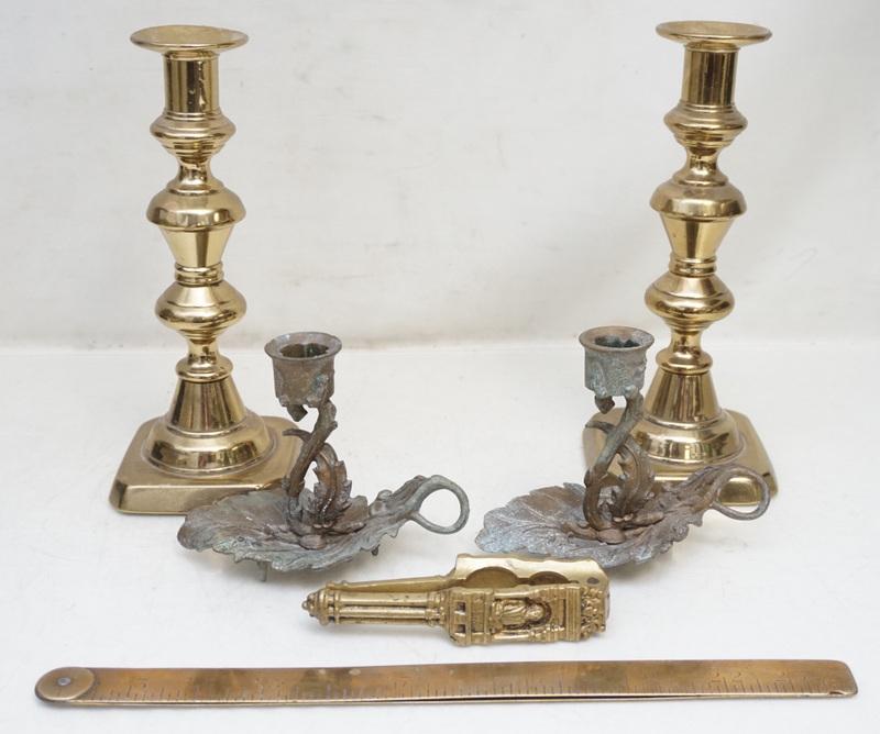 6 PC BRASS / BRONZE GROUPING CANDLESTICKS + (1 of 6)