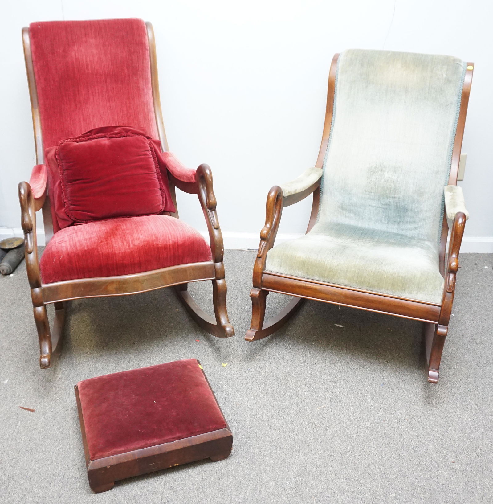 PAIR VICTORIAN UPHOLSTERED ROCKERS & FOOT STOOL (1 of 8)