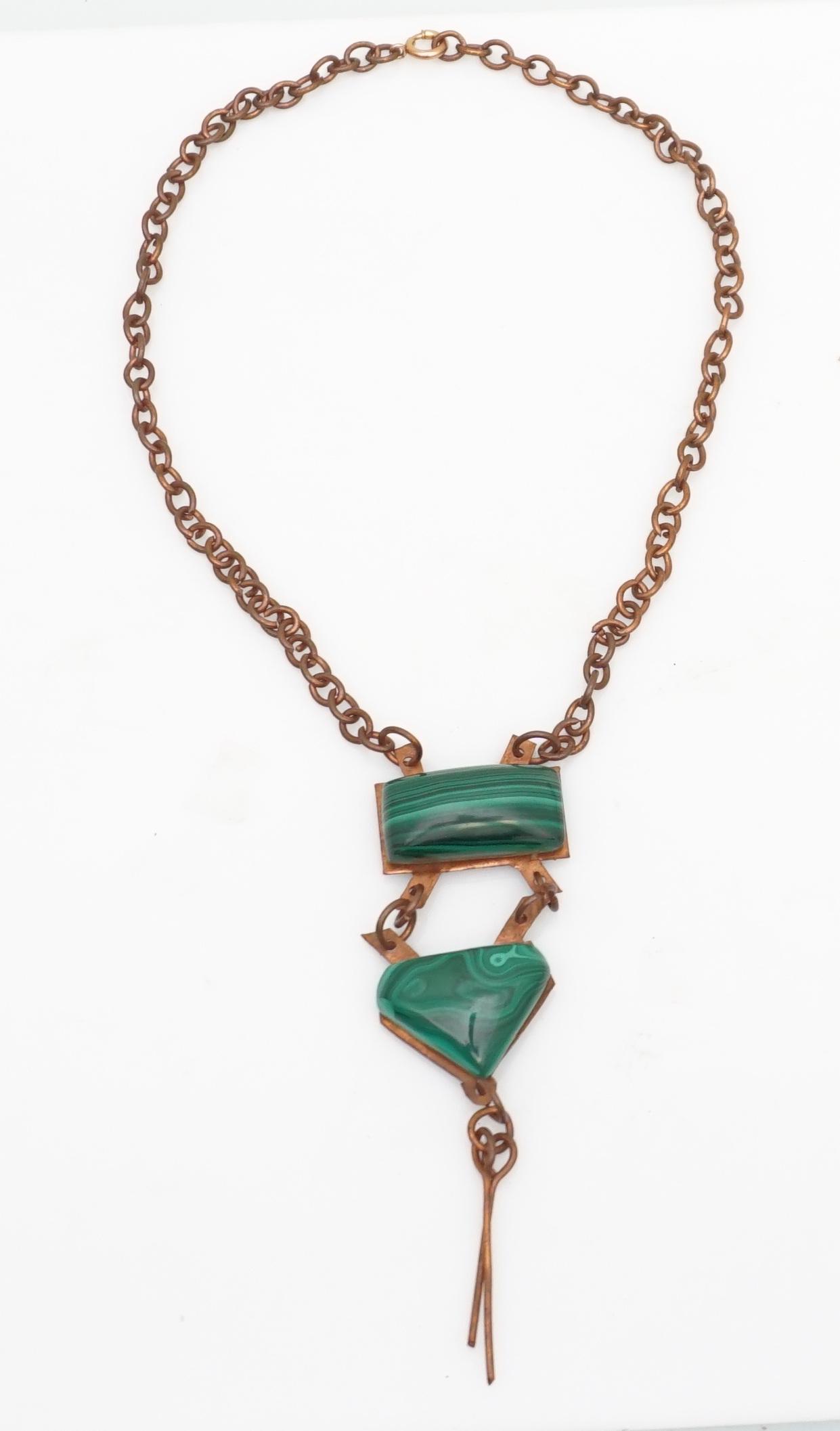 MALACHITE & COPPER MODERNIST NECKLACE: Vintage Copper and Malachite Modernist Necklace. Measures 19" opened and Pendant 5". PROVENANCE: A Private Charleston SC Estate.