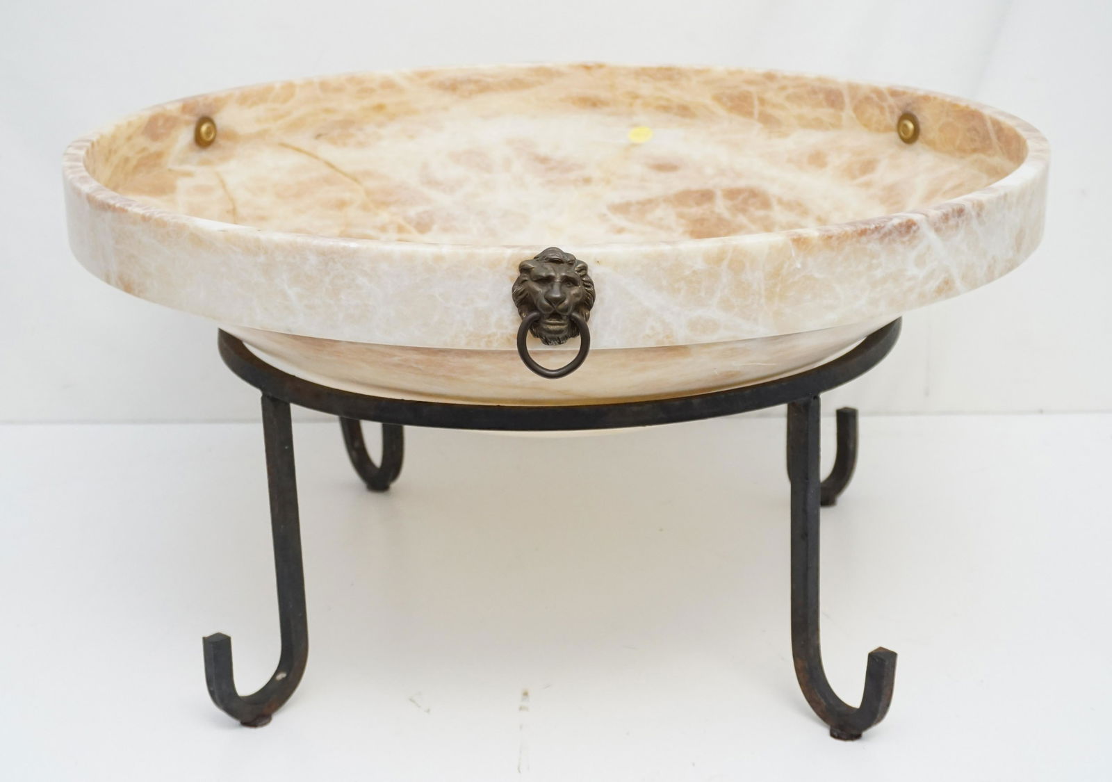 LARGE ALABASTER BOWL ON IRON STAND (1 of 7)