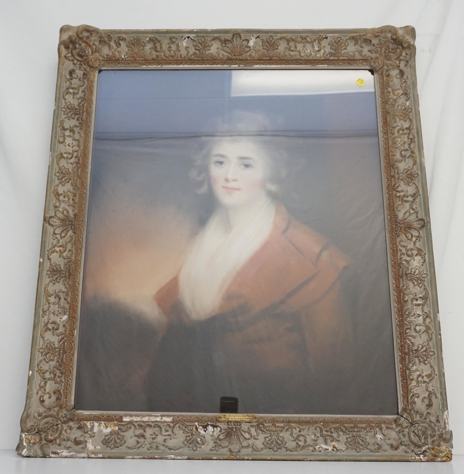 ANTIQUE PORTRAIT HON. GEORGIANA STAFFORD: Antique Portrait of the "Hon. Georgiana Stafford" after William Lawrenson, unsigned, pastel on paper, 29-3/4 x 24-3/4 in.; In painted wood and composition frame 32"x37"x2", rubbing at edges, backed wi