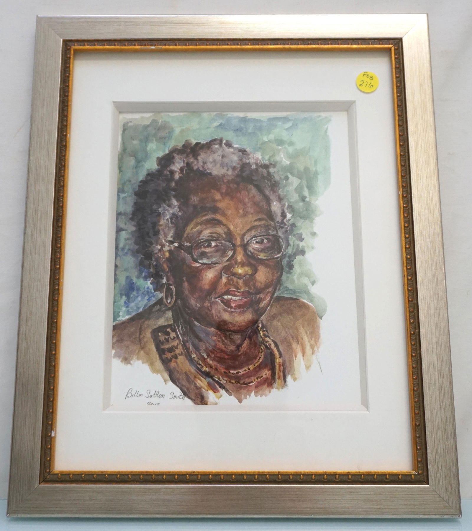 WATERCOLOR PORTRAIT BILLIE SUTTON SMITH: Watercolor Portrait on Paper. Signed Billie Sutton Smith and dated 2012. In Frame measures 13 1/4"x16 1/4"x3/4". Weight 2 pds 11 oz. PROVENANCE: A Private Charleston SC Estate.