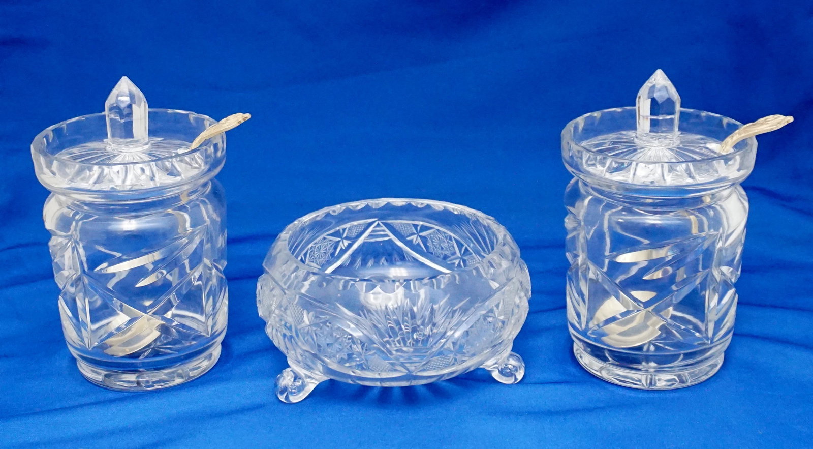3 PC CUT GLASS CONDIMENTS & BOWL (1 of 7)