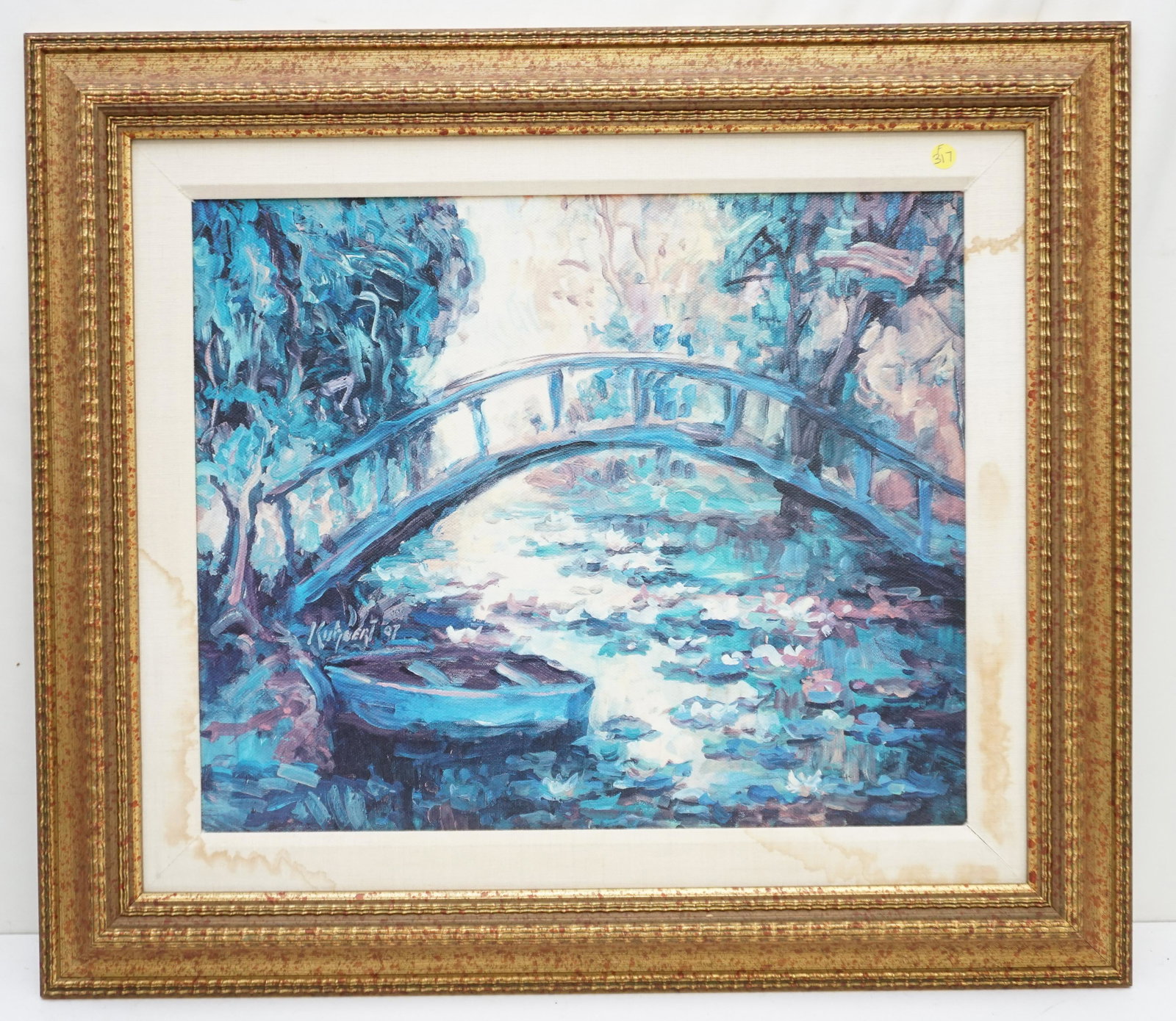 MANFRED KUHNERT BOAT ON THE POND: Manfred H. Kuhnert Print on Canvas "Boat on the Pond". In wood frame, measures 29"x33"x2". Weight 8 pds. Manfred H. Kuhnert was born near Dresden, Germany in 1931. Kuhnert studied at the Dresden Acade