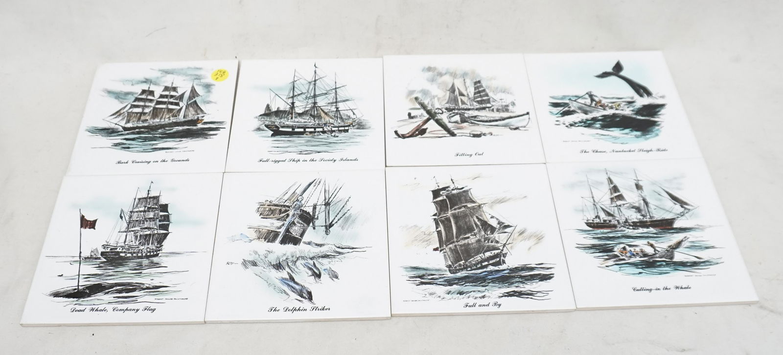 8 DELANO STUDIOS CORK BACKED TILE: Set of 8 Delano Studios Cork Backed Maritime Tile Trivets. Each 6"x6". Weight on all 4 pds 10 oz. PROVENANCE: A Private Williamsburg VA Estate.