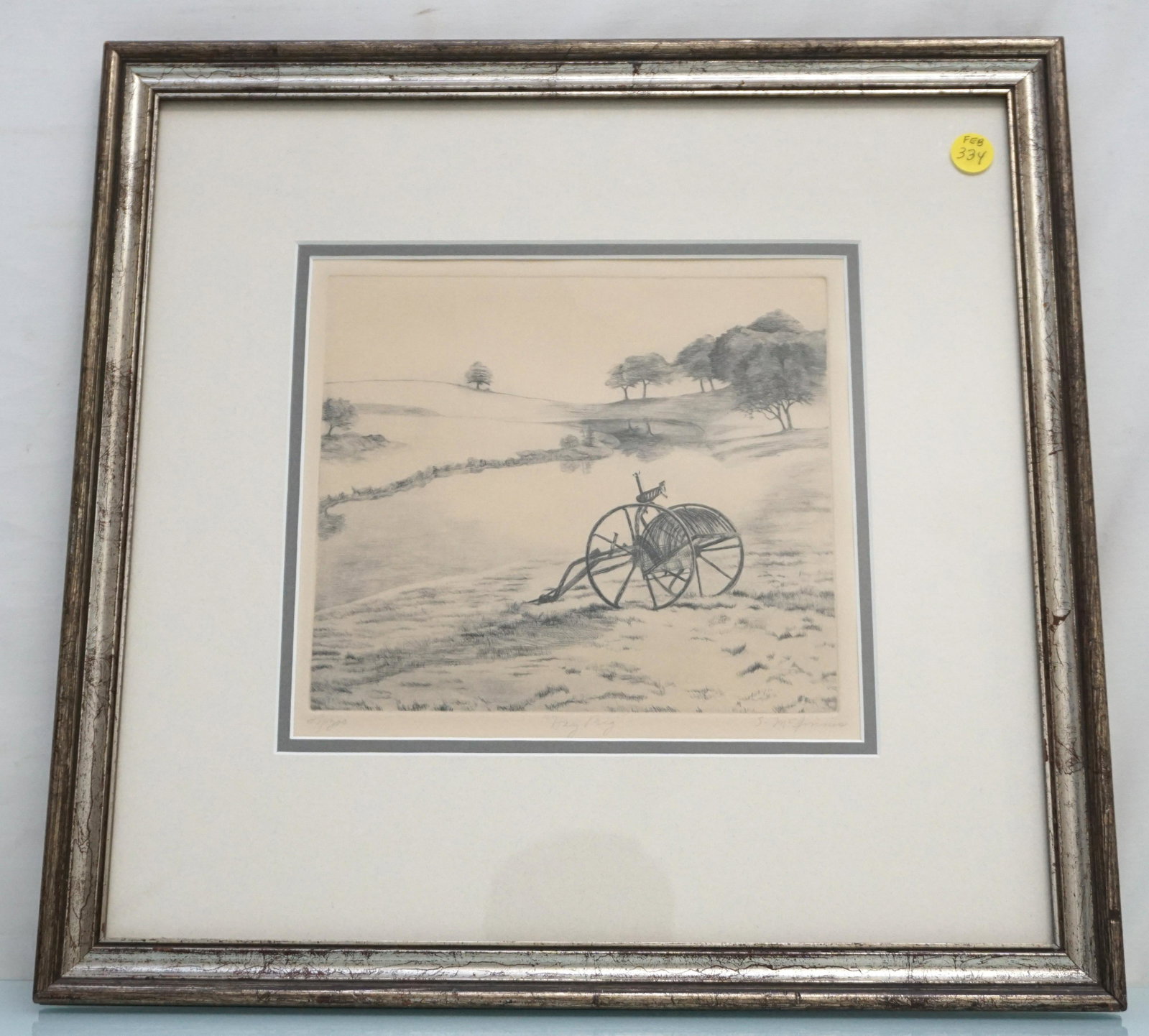 VINTAGE HAY RIG ETCHING MCGINNIS: Vintage Limited Edition Etching 29/300 "Hay Rig". S. McGinnis. Professionally framed and double matted. Measures 16"x17 1/2"x2/3". Weight 3 pds 2 oz. PROVENANCE: A Private Charleston SC Estate.