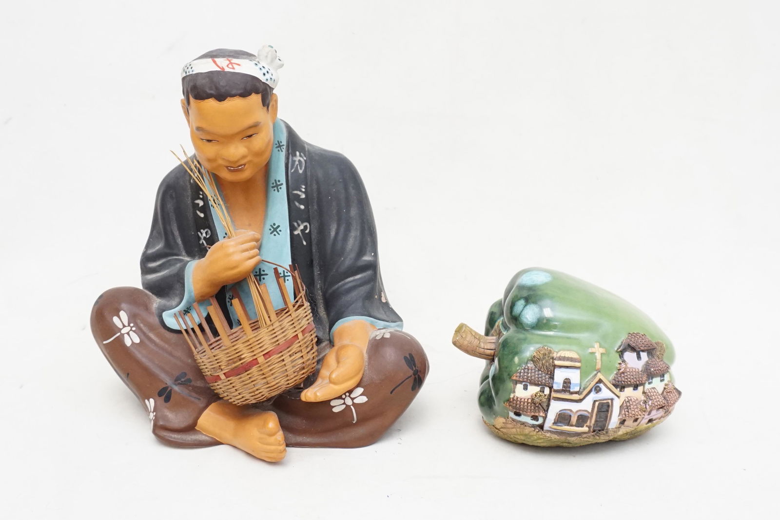 2 PC PORCELAIN BASKET WEAVER + POTTERY PEPPER (1 of 10)