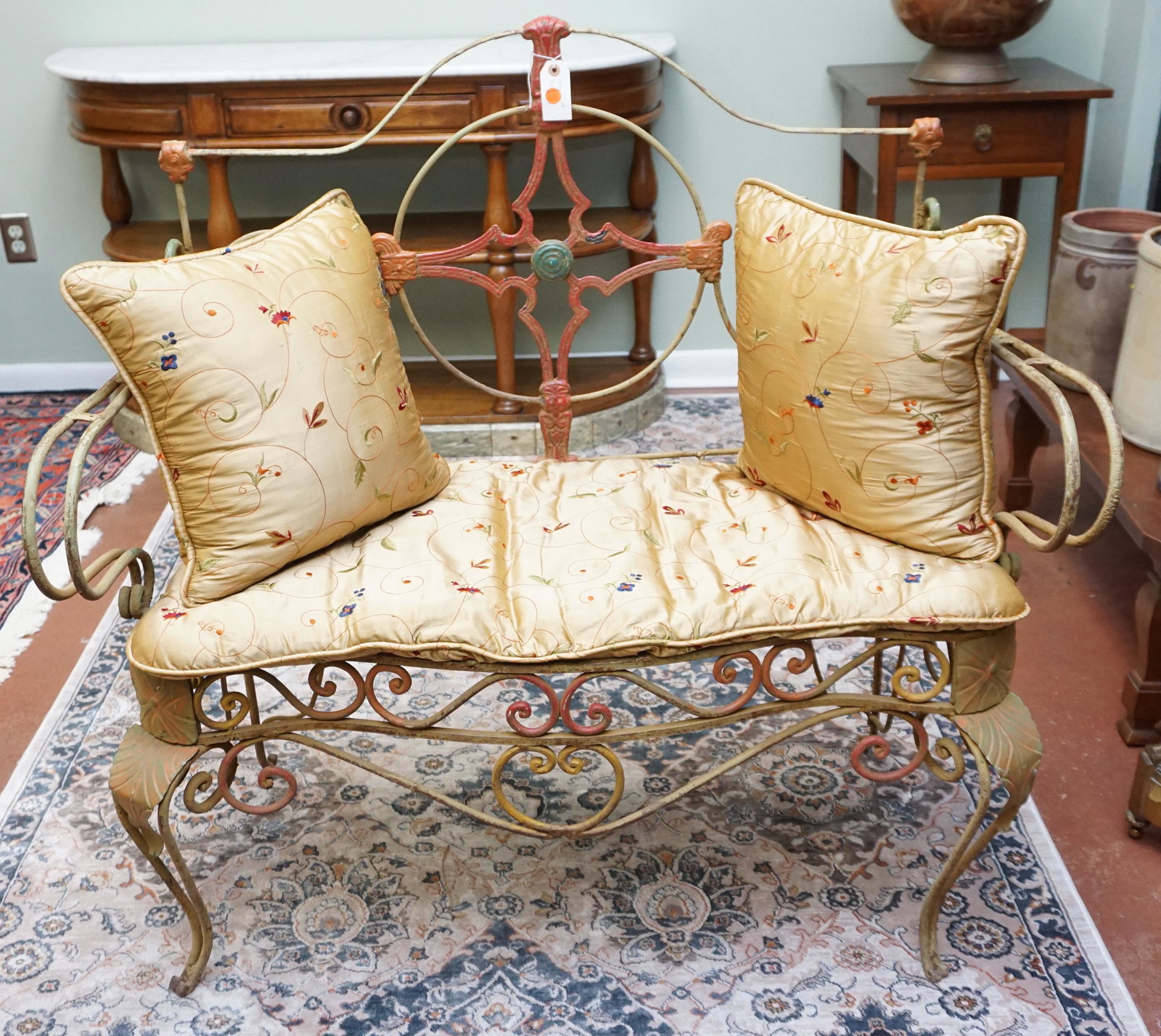 FRENCH PAINTED WROUGHT IRON BENCH W SILK PILLOWS (1 of 5)