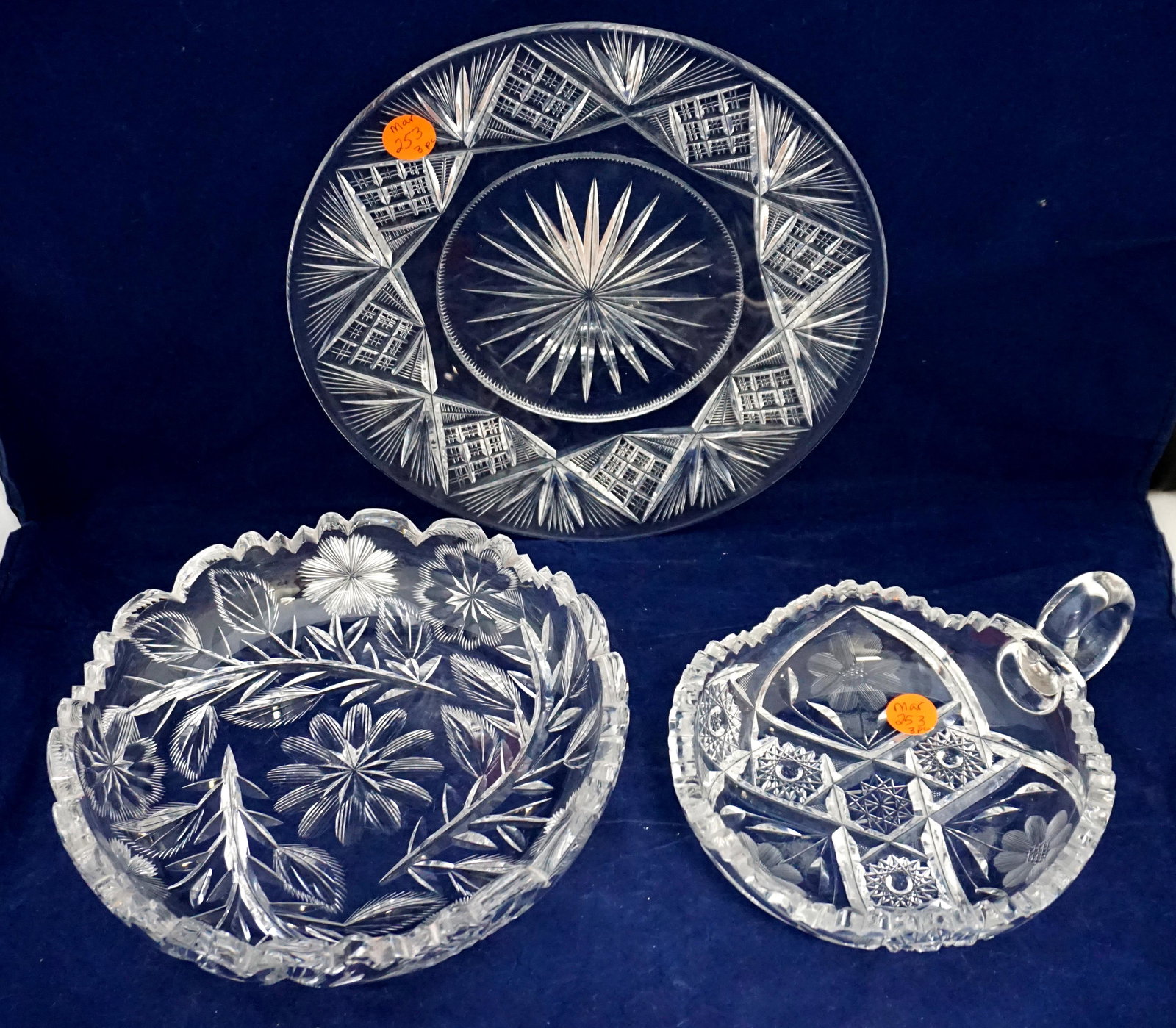3 AMERICAN BRILLIANT GLASS: All are American Cut Glass. 1- Plate Fan and Diamond 9". 2- Libby Cut Florals & Foliage Bowl 8". 3- Hobstar & Flower Nappy 7 1/2". small nicks to teeth. Weight on all 5 pds 10 oz. PROVENANCE: A Privat