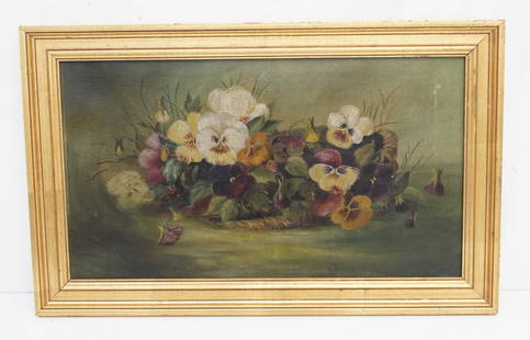 ANTIQUE PANSIES OIL ON CANVAS C. 1910: Pansies Oil on Canvas Still Life c. 1910-1920. Unsigned. In gilt wood frame. In frame measures 14 1/2"x23"x1 1/2". Weight 2 pds 6 oz. PROVENANCE: A Charleston Private Estate.