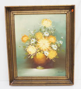 MID CENTURY FLORAL STILL LIFE: Mid Century Oil on Canvas Still Life. Mums and Daisies. Signed by the artist lower right. Signature illegible. In wood frame measures 20 1/2"x25"x2 1/2". Weight 6 pds. PROVENANCE: A Private Charleston