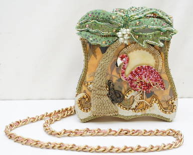 MARY FRANCIS FLAMINGO ALLIGATOR PURSE: Mary Frances Flamingo Alligator Sunset Decorated Hard Case Pillbox Purse. Excellent Condition with Mary Frances Dust Cover. Perfect for summer. Purse 6"x3"x7". Chain 23" Weight 1 pd. PROVENANCE: A