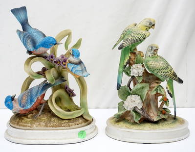 2 PORCELAIN GROUPS PARAKEETS & BLUEBIRDS- ANDREA: 2 Vintage Porcelain Groupings by Andrea. Parakeets 7"x10 1/2" and Bluebird Family 8"x12". Weight combined 6 pds. PROVENANCE: A Charleston Private Estate. NO IN HOUSE SHIPPING. *******Shipping on this