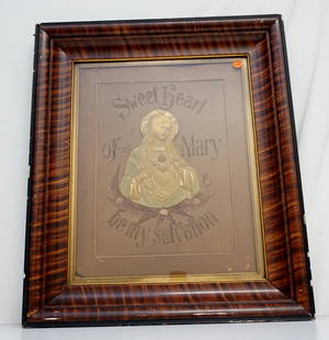 SWEET HEART OF MARY BE MY SALVATION: Antique Early 20th c. "Sweet Heart of Mary, be my Salvation". Three D Celluloid Mary and Needlework in Painted Wood Frame. In Frame measures 22"x26"x2". Weight 7 pds. PROVENANCE: A Private Charleston