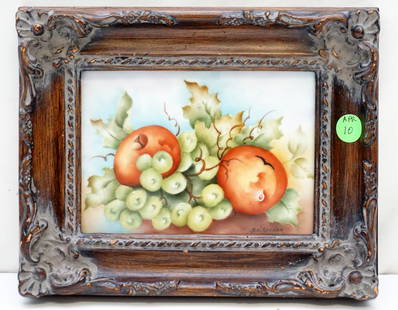 HAND PAINTED PORCELAIN STILL LIFE PLAQUE: Hand Painted Still Life Porcelain Plaque in Carved Frame. Signed Sellner. Measures 9 1/2"x9 1/2"x1 1/4". Weight 1 pd 12 oz. PROVENANCE: A Private Charleston SC Estate