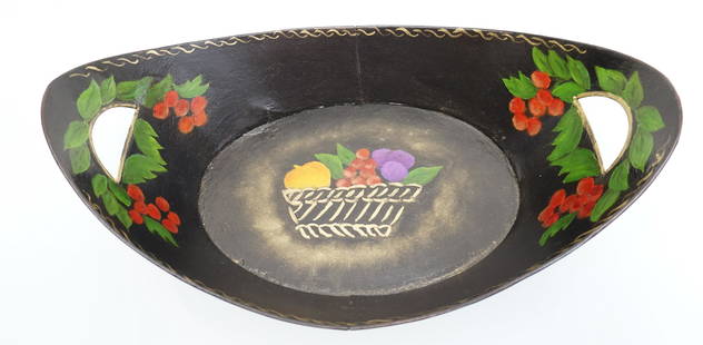 ANTIQUE TOLE BREAD TRAY: Antique Restored Tole Bread Tray. Fruit Basket and Berries. Measures 13 1/4"x8 1/2"x3 3/4". Weight 8 oz. PROVENANCE: A Private Charleston SC Estate