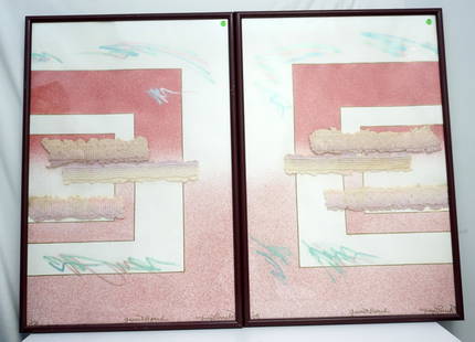 PAIR MIXED MEDIA ART MIREYA POURCHOT: Pair of Vintage Mixed Media Painting / Panels by Mireya Pourchot. Framed under glass. In frames 26 1/2"x39"x1". Weight 28 pds. PROVENANCE: A Charleston Private Estate. NO IN HOUSE SHIPPING. *******Shi