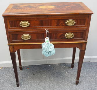 HEKMAN FEDERAL STYLE INLAID SILVER CHEST: Hekman Federal Style Inlaid Mahogany Lift-Top Silver Chest. Lift top and one drawer with key. Wear to top. Measures 27"x12"x32". PROVENANCE: A Charleston Private Estate. Pickup only or Shipping on thi