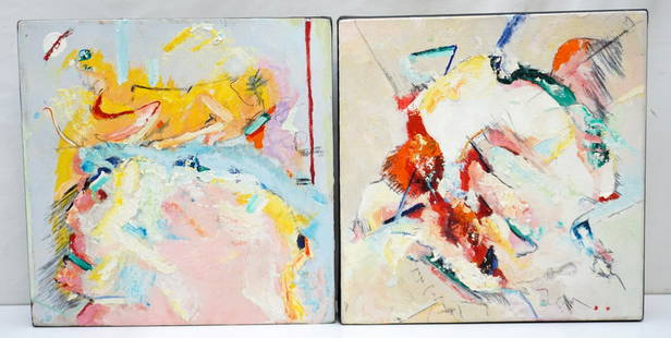 PAIR OF DONATO "DON" BERNANDO LOCALIO ABSTRACTS: Pair of Donato "Don" Bernardo Localio Oil on Canvas Abstracts. A personal friend of and mentored by Willem de Kooning, see the last photo, Localio's work is rarely available at auction. Each