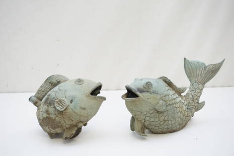 PAIR ANTIQUE BRONZE FISH FOUNTAIN ACCENTS: Pair of Antique Bronze Fish Fountain Accents. Perfect for summer gardens. Longest 7 1/2". Weight combined 3 pds. PROVENANCE: A Private Charleston SC Estate