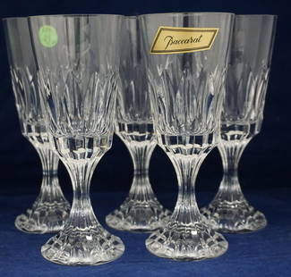 5 BACCARAT CRYSTAL D'ASSAS WHITE WINE: Five (5) Baccarat Crystal D'Assas White Wine Glasses. Each 6 3/8". Purchased in 1979 at Baccarat in Paris. Shipped by Baccarat, the glasses remained in the Original Shipping Box until this auction.