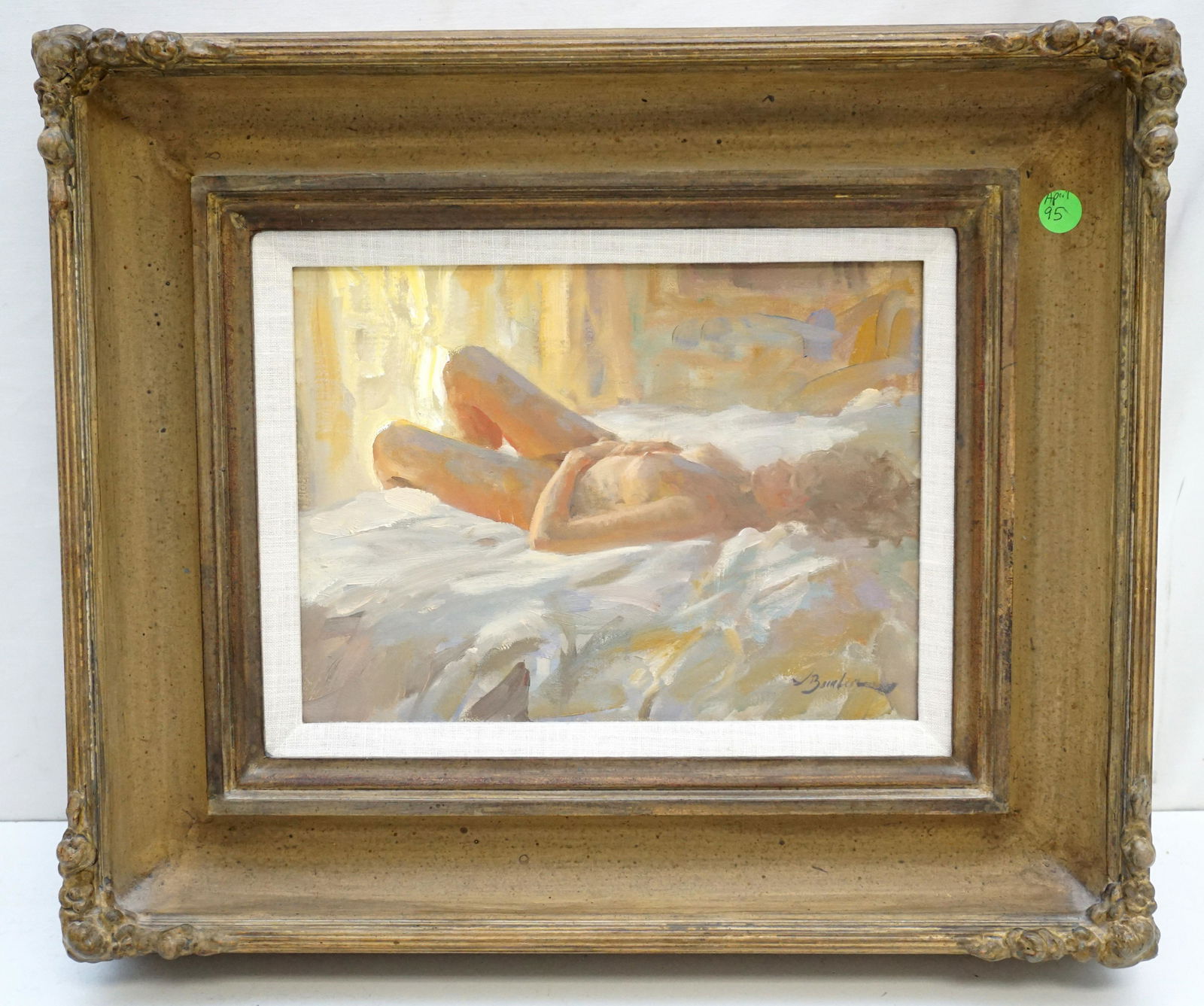 JOE BOWLER (1928-2016) NUDE, OIL ON CANVAS: Joe Bowler (american, 1928-2016) Oil on Canvas Reclining Nude. In painted and gilded frame from the gallery. In frame 20"x18"x4". Weight 8 pds. Joe Bowler began his career as a professional artist at