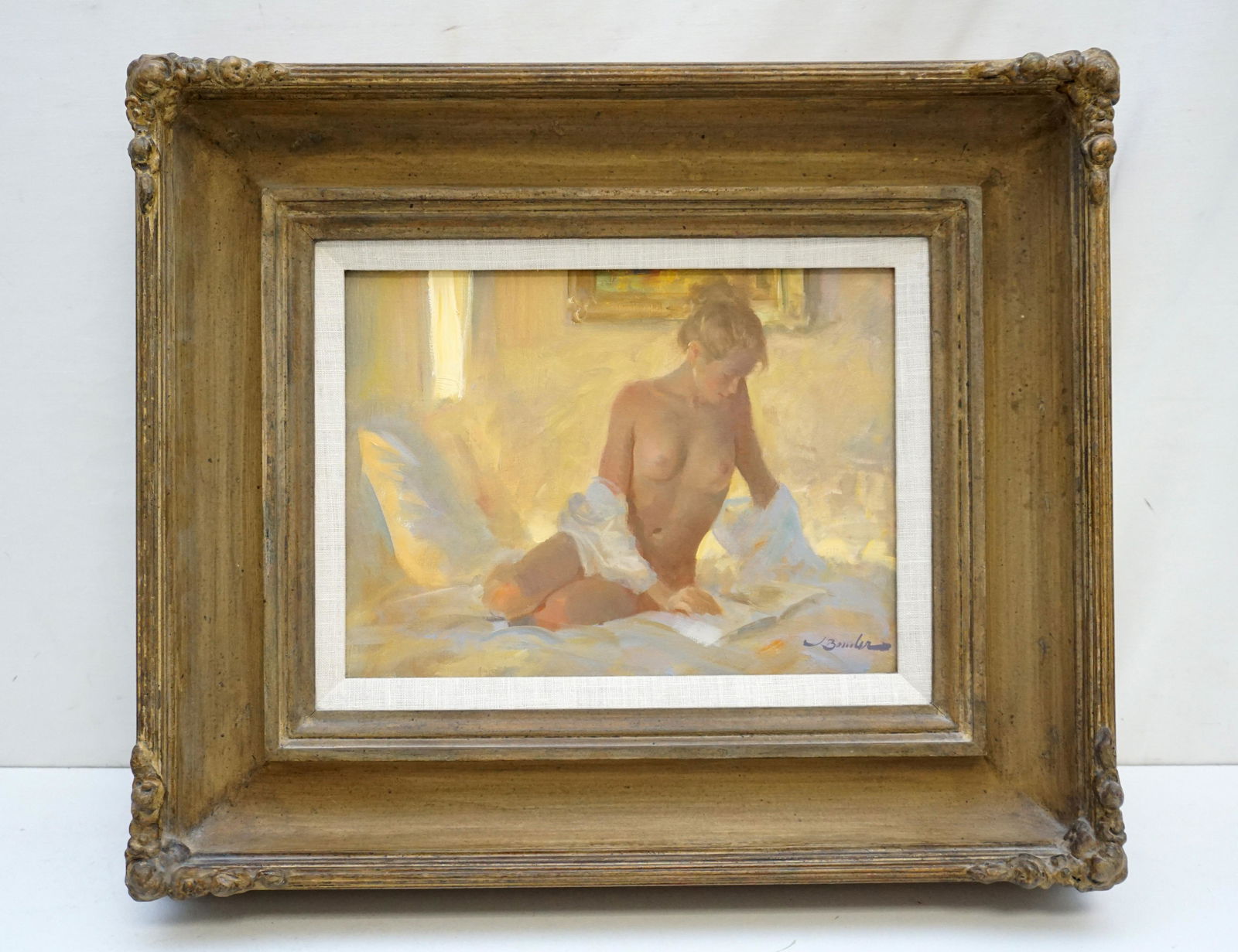 JOE BOWLER (1928-2016) NUDE, OIL ON CANVAS: Joe Bowler (american, 1928-2016) Oil on Canvas "Reading" Nude. In painted and gilded frame from the gallery. In frame 20"x17"x4". Weight 7 pds. Joe Bowler began his career as a professional artist at