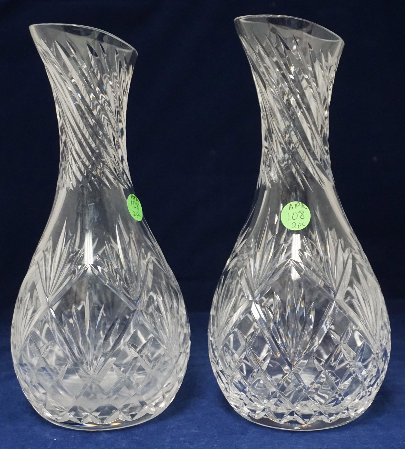 MATCHED PAIR STUART CRYSTAL LUDLOW WINE CARAFE: Pair of elegant crystal wine carafe decanters, made by Stuart Crystal Company in England. The pattern name is Ludlow which was manufactured from 1979-1984. Each 10 1/2". Weight combined 5 pds. PROVENA