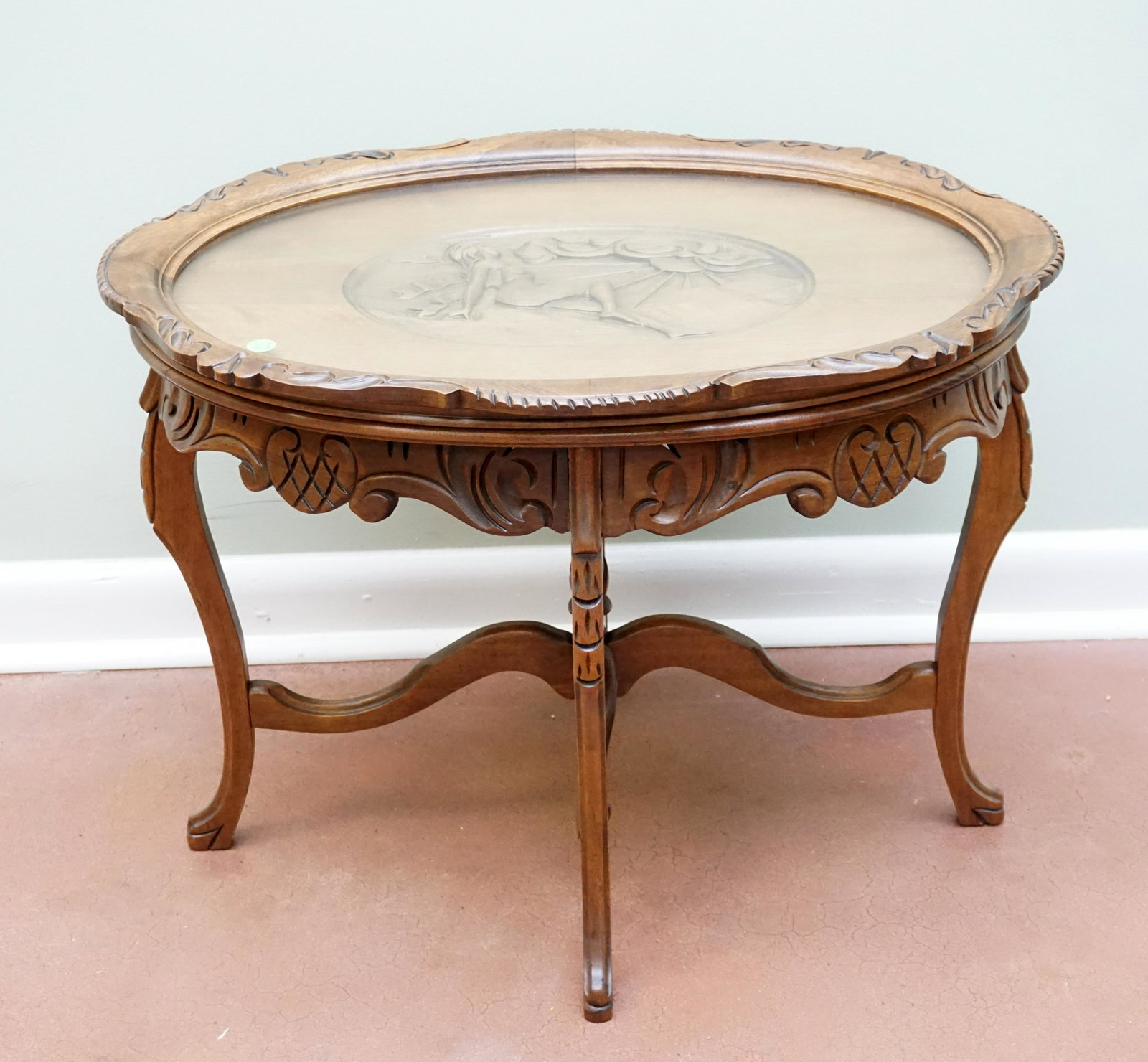 ART DECO CARVED NUDE TABLE WITH GLASS TRAY TOP: Antique Carved Nude Top Table with Glass Tray Removable Top. Measures 27"x19"x20". PROVENANCE: A Charleston Private Estate. NO IN HOUSE SHIPPING Shipping on this item offered through, UPS (843) 203-34