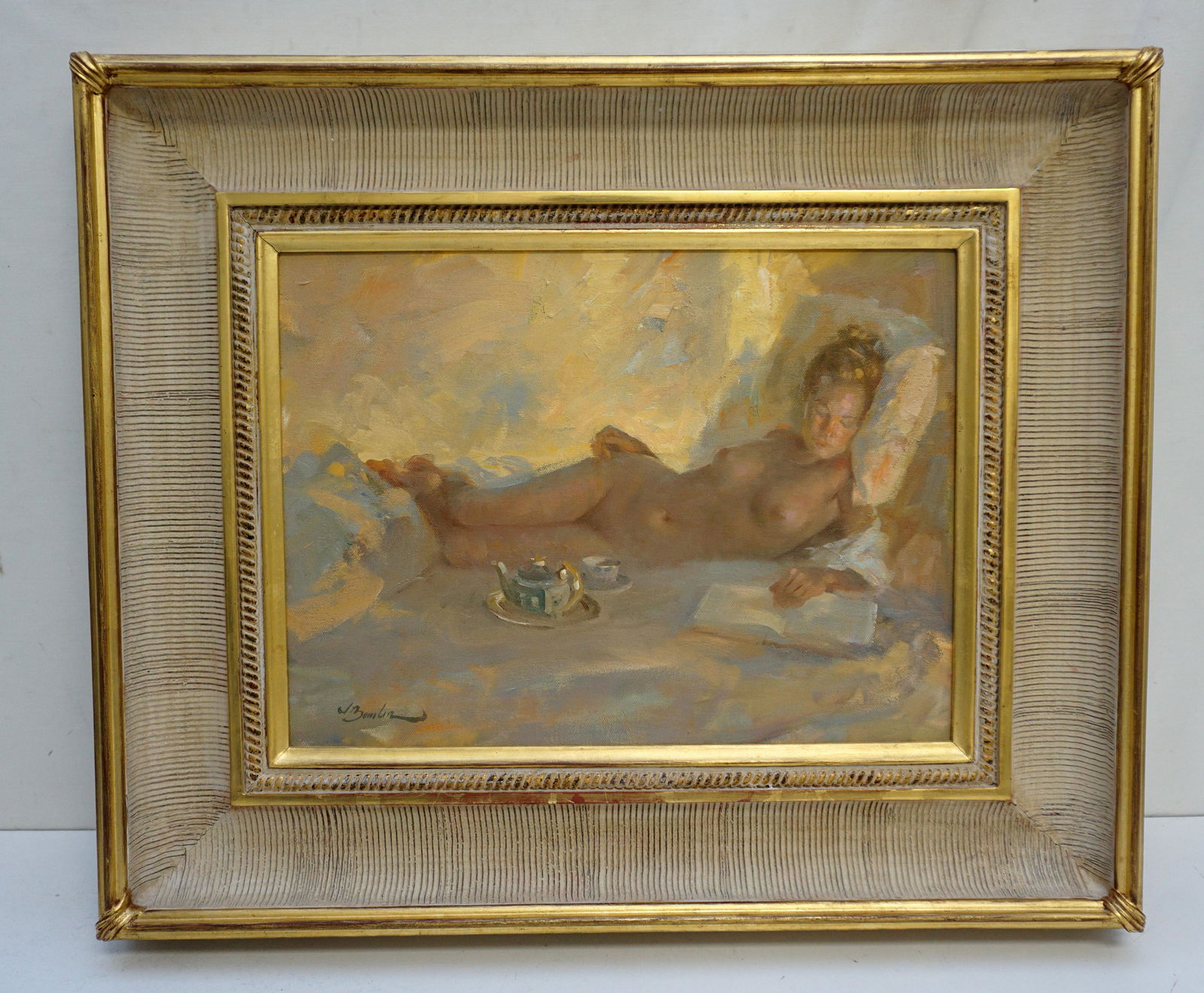 JOE BOWLER (1928-2016) NUDE, OIL ON CANVAS: Joe Bowler (american, 1928-2016) Oil on Canvas Reclining Nude. In painted and gilded frame from the gallery. In frame 24 1/2"x21"x2 1/2". Weight 7 pds. Joe Bowler began his career as a professional ar